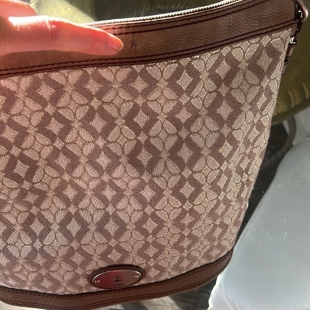 Fossil Maddox Beige metallic Leather Canvas over the shoulder hobo purse